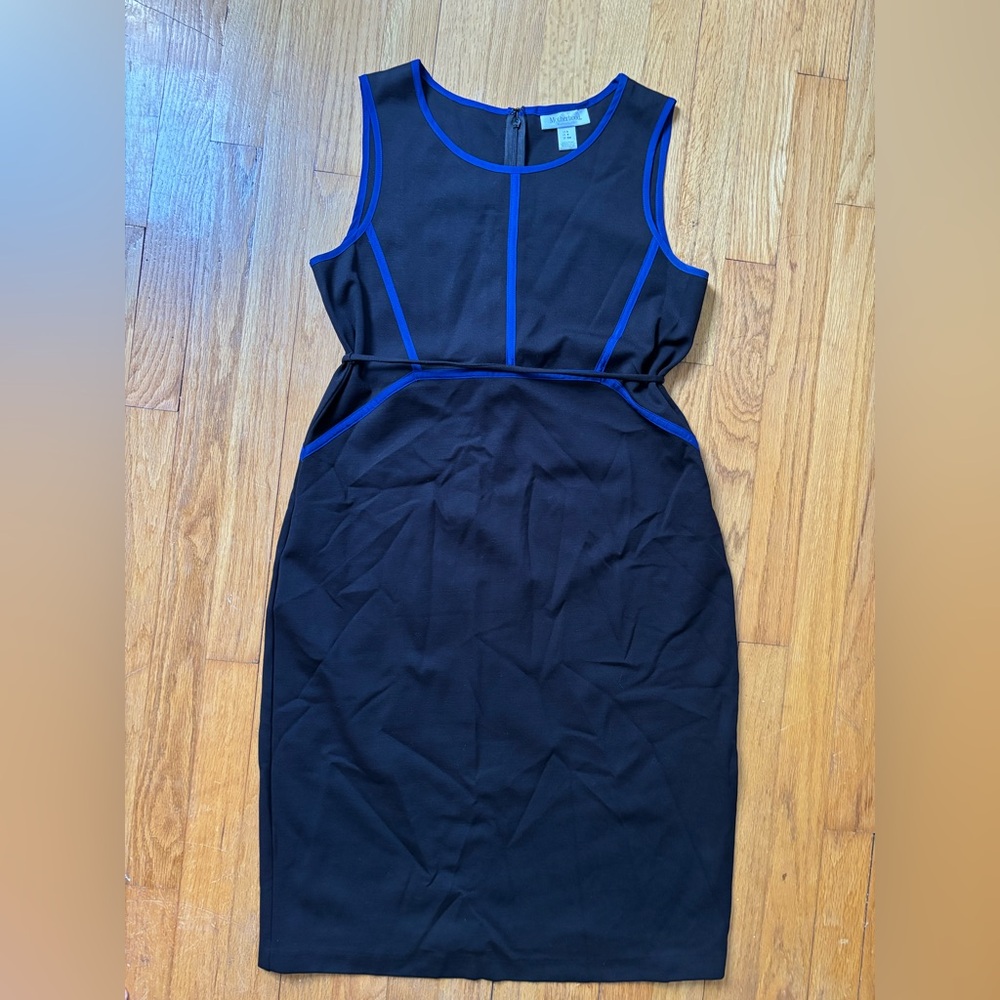 Motherhood Maternity Dress Size Small Black Sleeveless Blue Piping Tie Back